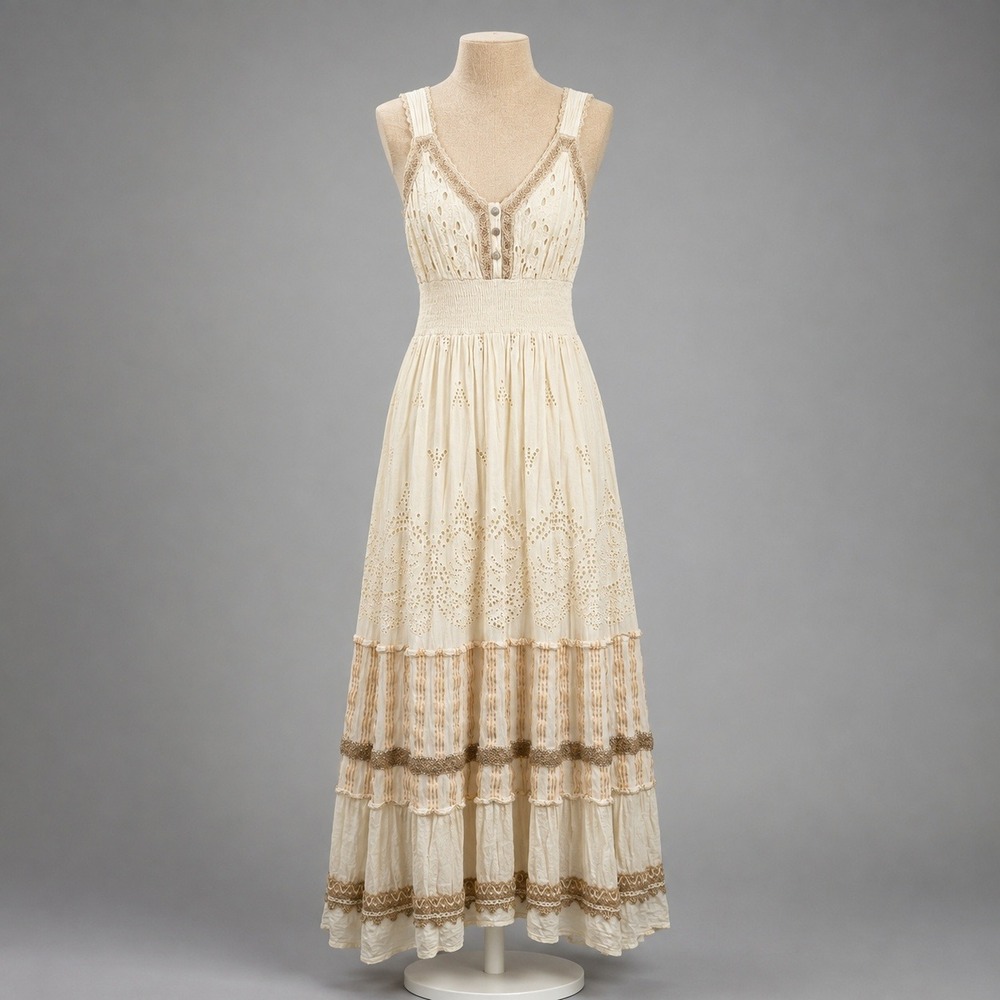 Vintage Y2K Fairy Eyelet Lace Maxi Dress Sz S 100% Cotton Boho Cottagecore Indie